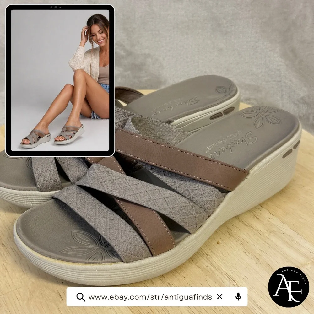 Skechers Luxe Foam Womens Brown Grey Multi Strap Wedge Slide Sandals Size 8